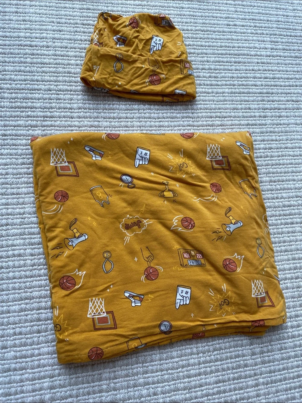 Kids Mustard Yellow Basketball Print Hat and Blanket Set